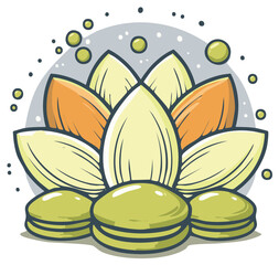 Elegant lotus blossom illustration with stacked smooth green stones and decorative spheres