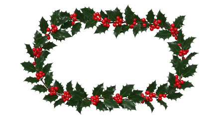 Realistic Holly Leaves and Berries Frame for Christmas Decoration Isolated on Transparent PNG Background.