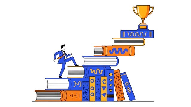 A man climbs a staircase made of books towards a trophy, symbolizing achievement and knowledge.