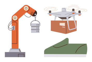 Robotic arm lifting objects, quadcopter carrying parcel in flight, and eco-friendly shoe representing technology, automation, delivery services, robotics, sustainability, future innovation