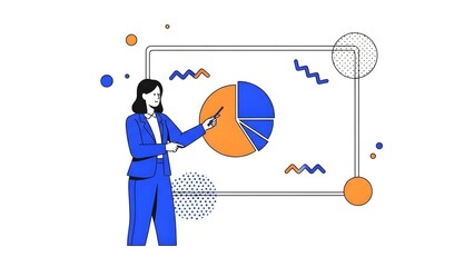 A woman in a blue suit points to a pie chart on a whiteboard, illustrating a business presentation.