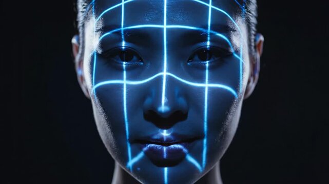 Womans close-up portrait with digital grid overlay evolving across face. Facial recognition technology in virtual reality. Advertising concept for innovative digital tech applications.