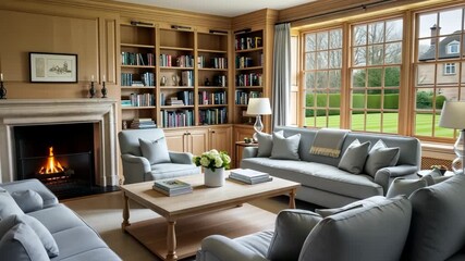 Cozy Living Room: A warm and inviting living space with a crackling fireplace, built-in bookshelves, and comfortable seating, all illuminated by natural light from a large window.