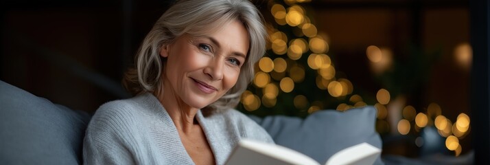 Mature caucasian woman reading on sofa with warm lights bokeh in cozy evening setting