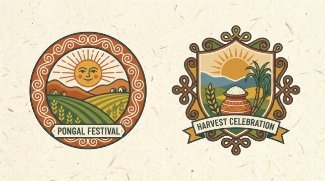 Vibrant flat style badge featuring a sun over a rustic landscape for pongal festival.