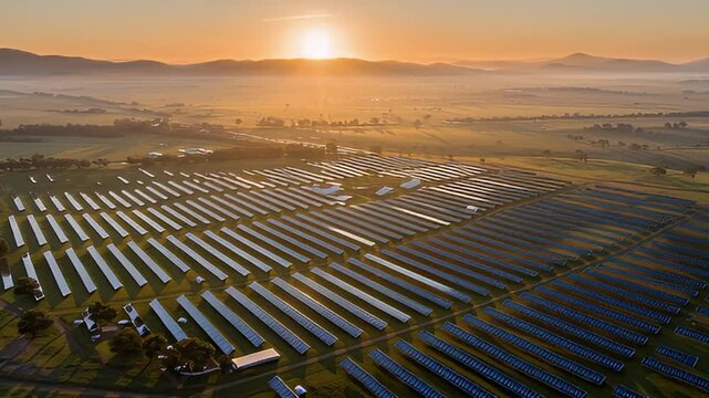 Solar Farm Powering a Sustainable Future A Panoramic View of Renewable Energy under a Golden Sunrise - Modern Green Technology