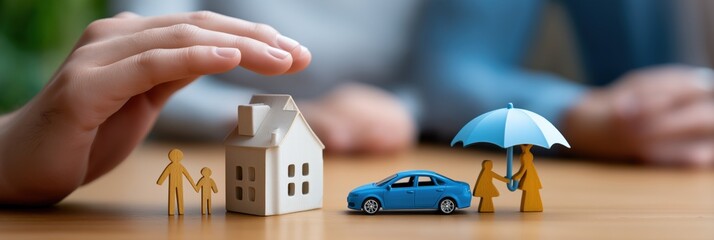 Concept of family insurance with models of house, car, and umbrella protection