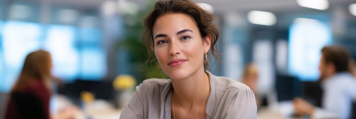 Young caucasian female professional smiling in modern office setting