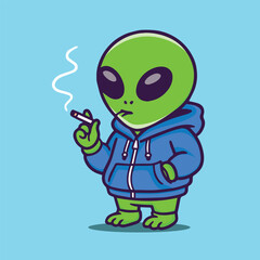Cute alien wearing hoodie jacket smoking a cigarette sticker