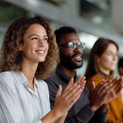 Diverse group applauding in business meeting with focused smiles and engagement