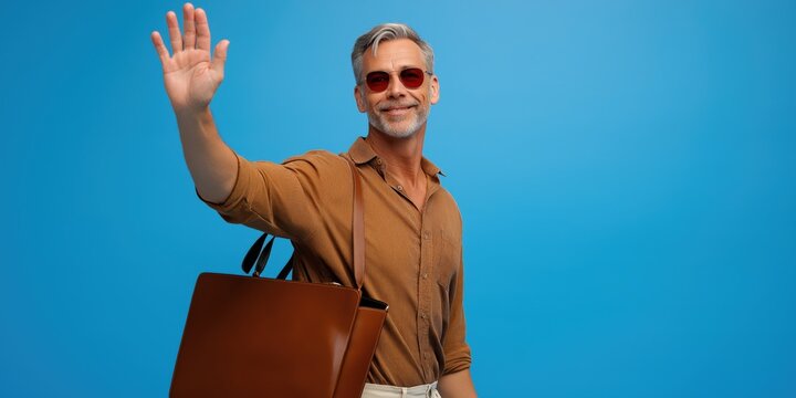 Mature caucasian male in brown attire waving against blue background