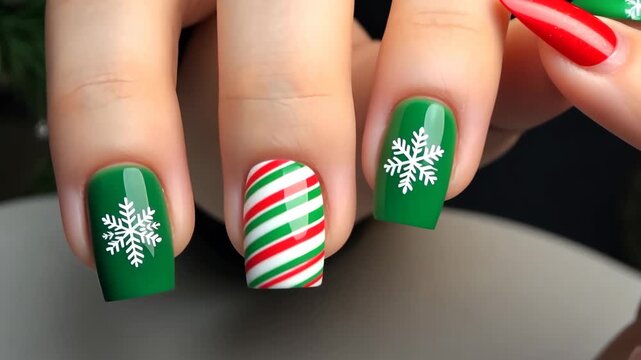 Festive Nail Art: Close-up of painted nails with festive Christmas designs, including snowflakes and candy cane stripes. The design celebrates the holiday spirit