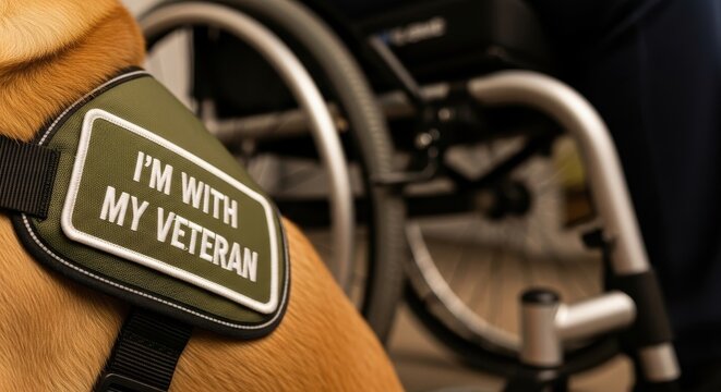 closeup of service dog vest with patch text i am with my veteran near wheelchair. disability support and animal assistance concept. healthcare brochure, banner, website header.