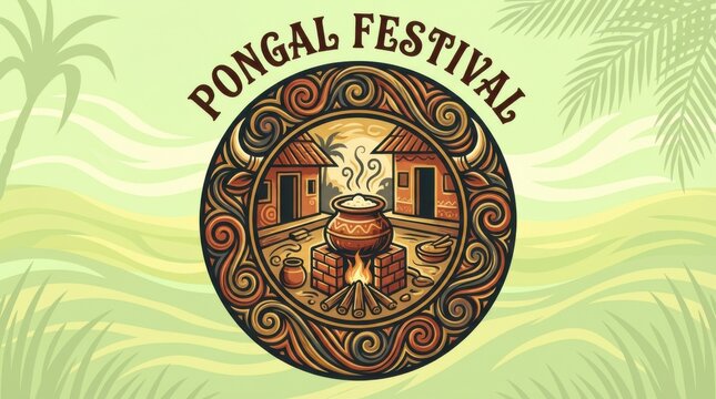 Vibrant coaster illustration invokes joy and warmth of Pongal festival in serene village backdrop
