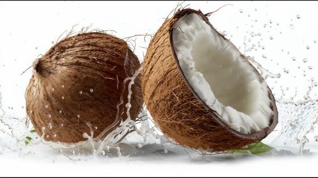 Fresh coconut cut open with visible juice, tropical feel on clean white