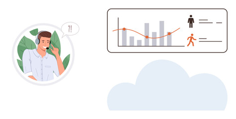 Customer service professional with headset engaging while reviewing analytics on dashboard. Ideal for communication, data insight, customer care, teamwork, business strategy, remote work, simple flat
