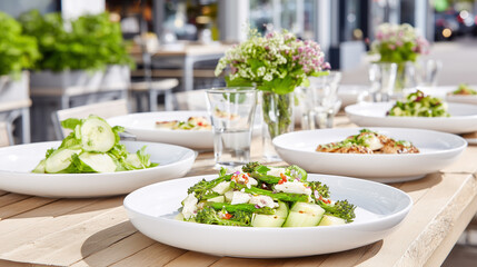 Fresh and vibrant outdoor dining scene featuring a variety of healthy salads on a sunny day. Perfect for food-related content, showcasing modern cuisine.