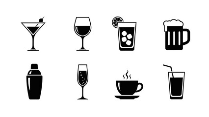 Black and White Icon Set Featuring Various Drinks and Beverage Illustrations