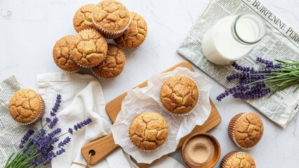 Muffins and Milk: A tantalizing arrangement of freshly baked muffins, a glass of milk, lavender sprigs, and newspapers creating an inviting scene for a relaxing breakfast or snack.