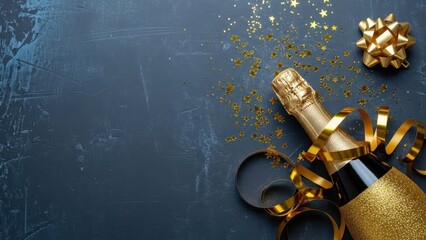Festive Celebration: A glamorous still-life arrangement featuring a bottle of sparkling champagne, adorned with golden ribbons and confetti.