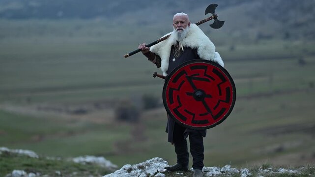Viking warrior with axe standing on mountain cliff, wearing fur cloak and leather armor, overlooking dramatic landscape. Historical Nordic fighter, strength and adventure concept. Slow motion