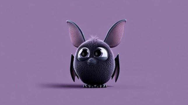 Cute cartoon bat character with big eyes on purple background