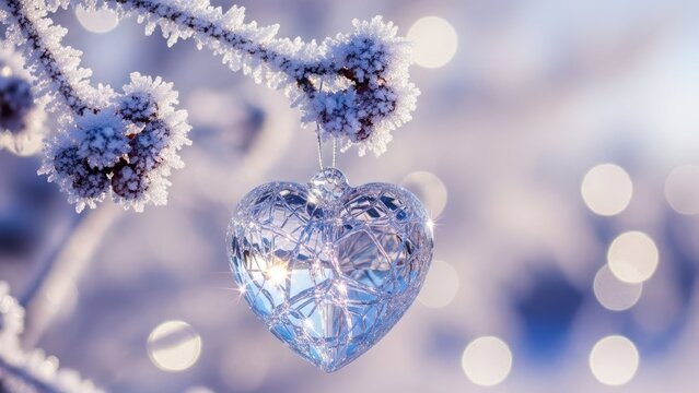 Frozen Heart's Embrace: A delicate frosted branch cradles a glistening, crystal heart, evoking feelings of winter romance and serene beauty.