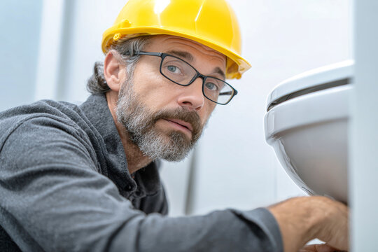 A focused plumber wearing a yellow hard hat and glasses carefully examines and repairs a toilet in a sleek, modern bathroom, showcasing his expertise