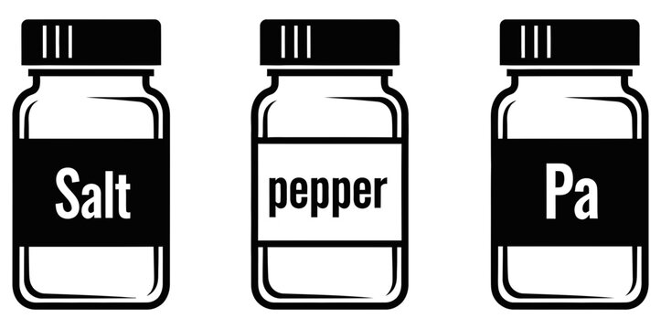 Salt pepper and paprika spice containers in a minimalist black and white illustration