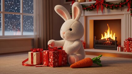 Plush Bunny Opening Presents by the Fireplace