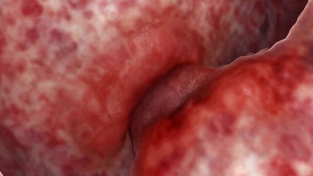 Close up view of inflamed intestinal tissue with a polyp or growth inside the colon, showcasing the internal structure and potential medical condition in a realistic 3D animation.