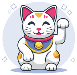 Cartoon Japanese Maneki Neko lucky cat, beckoning with raised paw, smiling and happy.