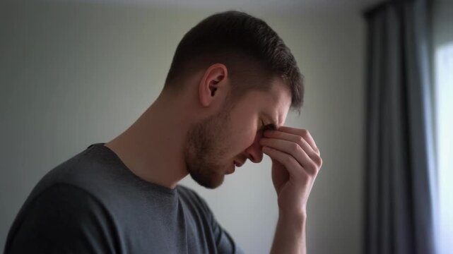 Close-up of a stressed young man with short brown hair and beard rubbing his eyes with his hand against a neutral background symbolizing exhaustion and mental fatigue.