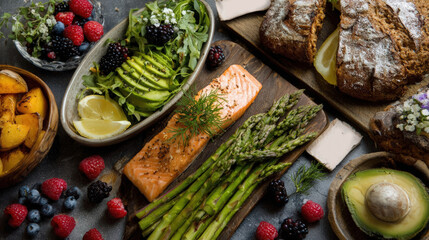 Grilled salmon fillet with asparagus and avocado salad on a rustic table. Healthy eating and balanced diet concept. Top view of a nutritious pescatarian meal