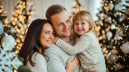 Christmas Joy: A radiant family embraces the festive spirit, sharing a tender moment amidst the twinkling lights and adorned Christmas trees, evoking a sense of warmth and familial love.