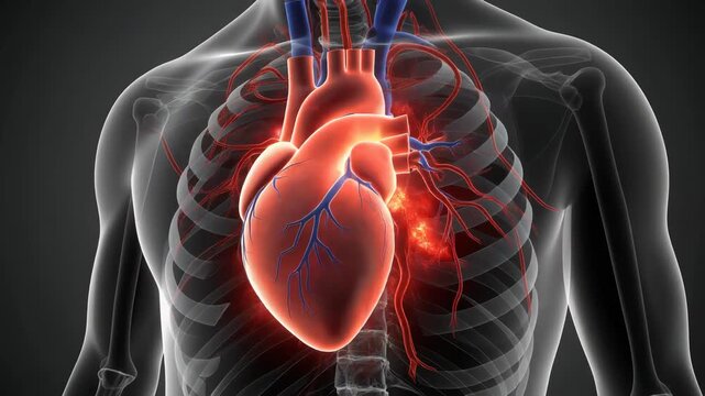 Detailed 3D animation of a human heart beating and pulsing with blood flow shown through arteries and veins within a transparent rib cage and torso showing a medical concept.