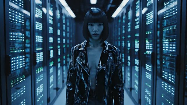 Asian woman in black leather jacket walks through blue-lit server room. Futuristic tech exploration from entrance to confident pose. Innovation and cybersecurity advertising concept.