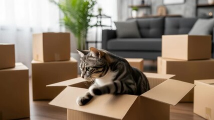 Curious Cat's Moving Day: A curious tabby cat perches amidst cardboard boxes during a house move, surveying its new surroundings with a mix of excitement and apprehension.