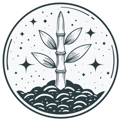 Stylized Bamboo Plant Sprouts from Soil Amidst Stars in Circular Design