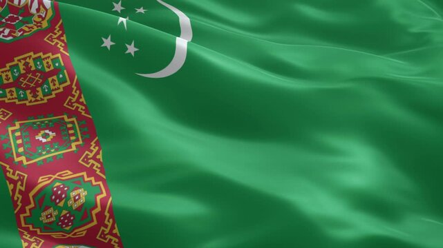 Dynamic Turkmenistan flag animation waving gracefully in the wind, a vibrant symbol of national pride and cultural identity, perfect for patriotic events