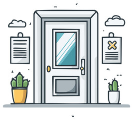 Closed White Door Illustration with Potted Cacti Clouds and Hanging Notes Office Style Decor