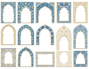 Collection of intricate islamic arch designs with floral ornaments in blue and gold