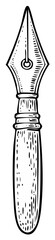 Classic vintage fountain pen nib illustration, hand-drawn black and white elegant writing instrument design