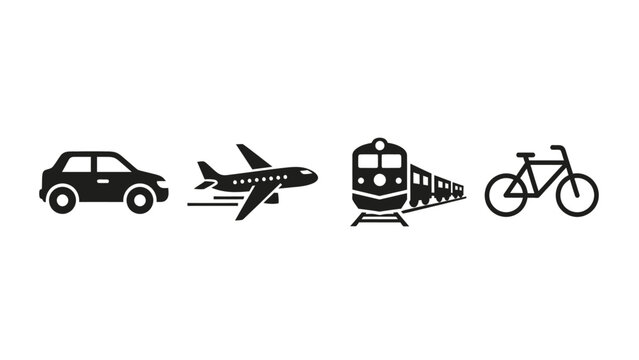 Diverse Transportation Modes Icon Set Featuring Car, Airplane, Train and Bicycle