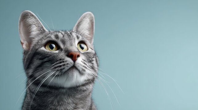 Domestic silver tabby cat observing something above, displaying a cute and curious expression with bright green eyes on a light blue background, highlighting pet curiosity