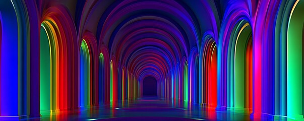 Abstract corridor of infinite arches with alternating neon colors and shadows