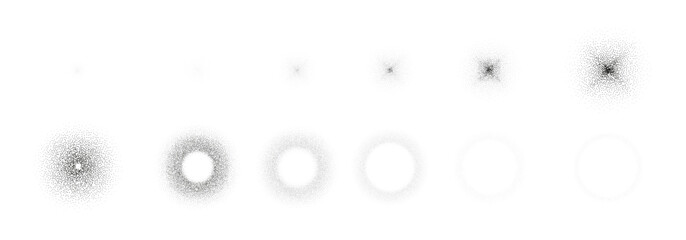 Frame animation of dotted grainy circles. Set of vector gritty circles with black stipple texture effect for sequential animation of explode or magic effect. Circles with gritty pattern.