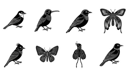 Fototapeta premium Elegant minimalist tattoo designs showcasing birds and butterflies in black ink illustration