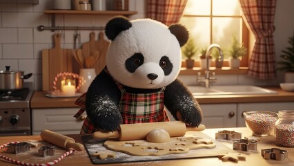 Plush Panda Baking Christmas Cookies