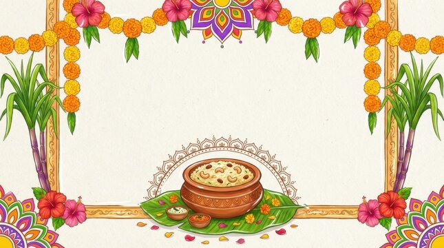 Vibrant border frame template showcasing a pongal dish on a rustic banana leaf with floral accents.